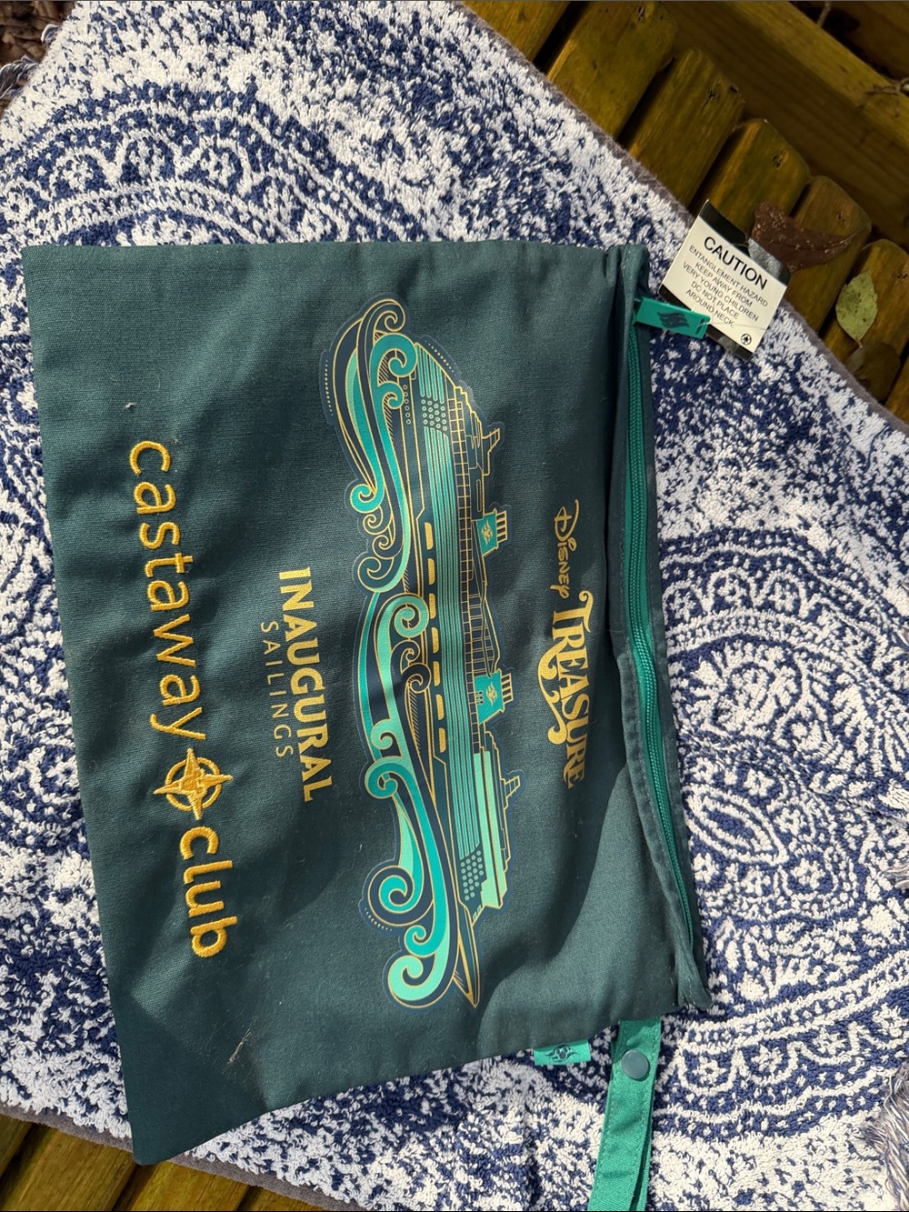 Disney teal and gold inaugural sailings Castaway Club zip pouch wet dry zip